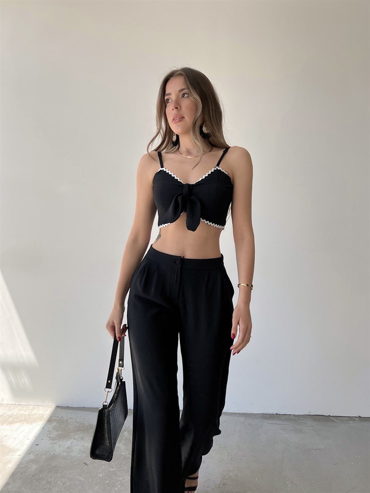 Göğüsü Bağcık Detay Crop Bol Paça Alt Mikayla Kadın Siyah İkili Takım 22Y000254