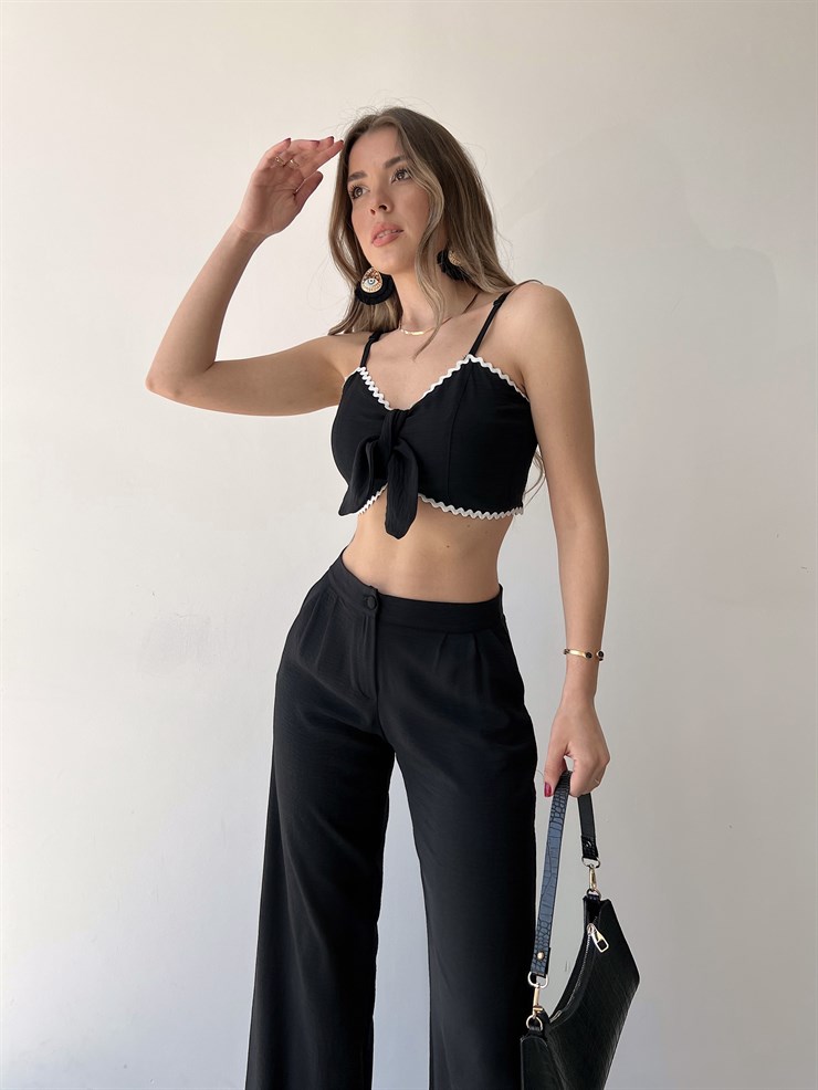 Göğüsü Bağcık Detay Crop Bol Paça Alt Mikayla Kadın Siyah İkili Takım 22Y000254