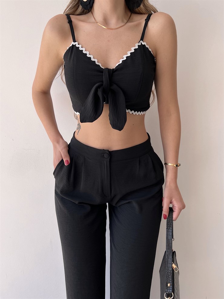 Göğüsü Bağcık Detay Crop Bol Paça Alt Mikayla Kadın Siyah İkili Takım 22Y000254
