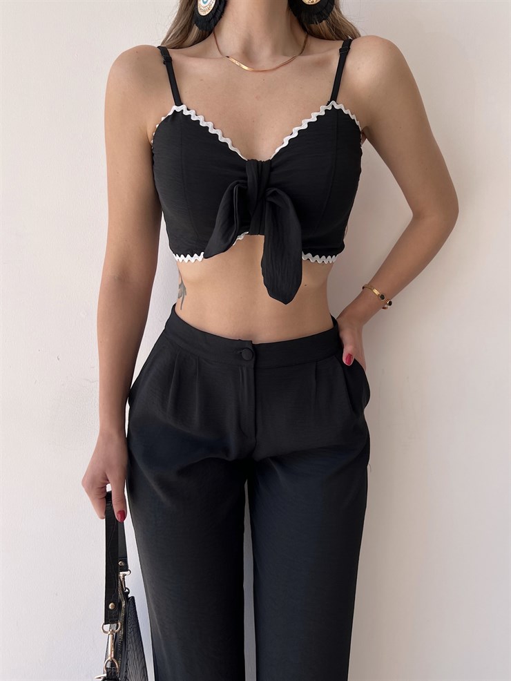 Göğüsü Bağcık Detay Crop Bol Paça Alt Mikayla Kadın Siyah İkili Takım 22Y000254