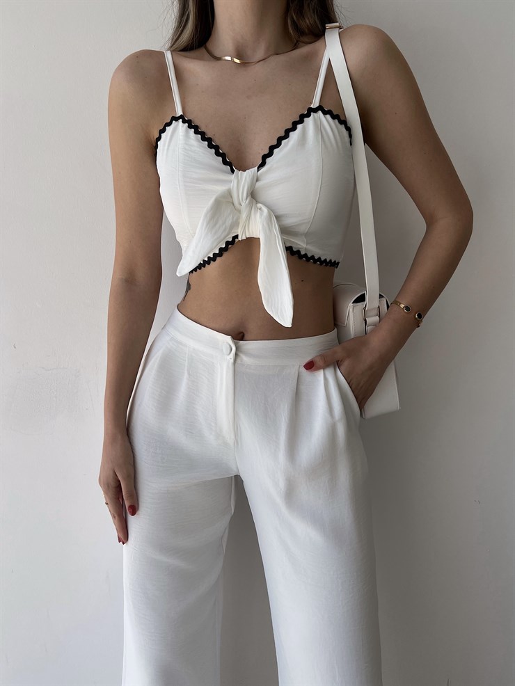 Göğüsü Bağcık Detay Crop Bol Paça Alt Mikayla Kadın Beyaz İkili Takım 22Y000254