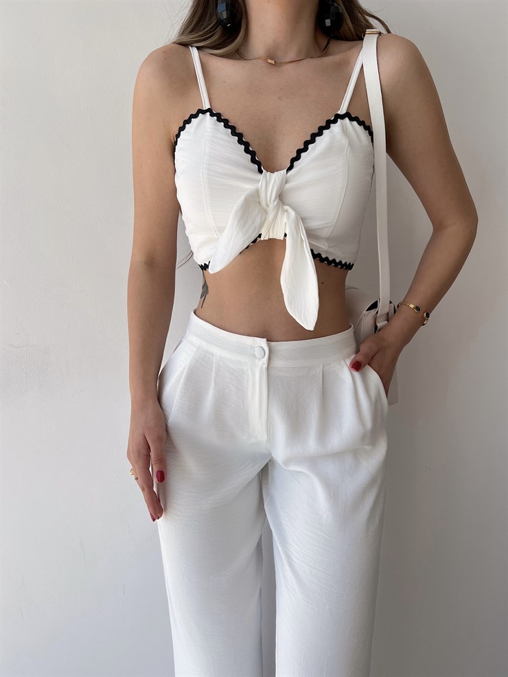 Göğüsü Bağcık Detay Crop Bol Paça Alt Mikayla Kadın Beyaz İkili Takım 22Y000254