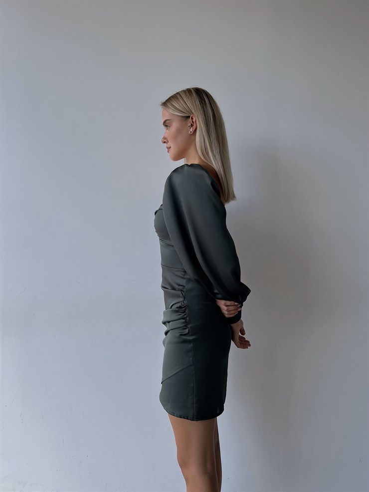 Göğüsü Büzgülü Düğme Detay Balon Kol Drape Aidenn Kadın Haki Elbise 22Y000011