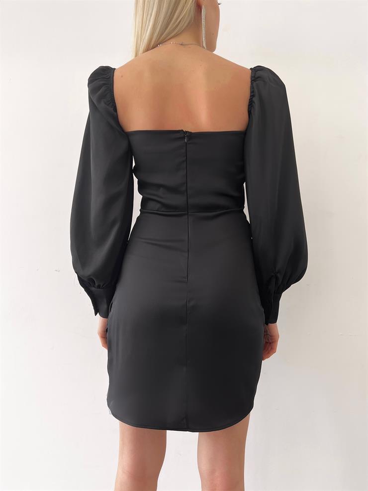 Göğüsü Büzgülü Düğme Detay Balon Kol Drape Aidenn Kadın Siyah Elbise 22Y000011