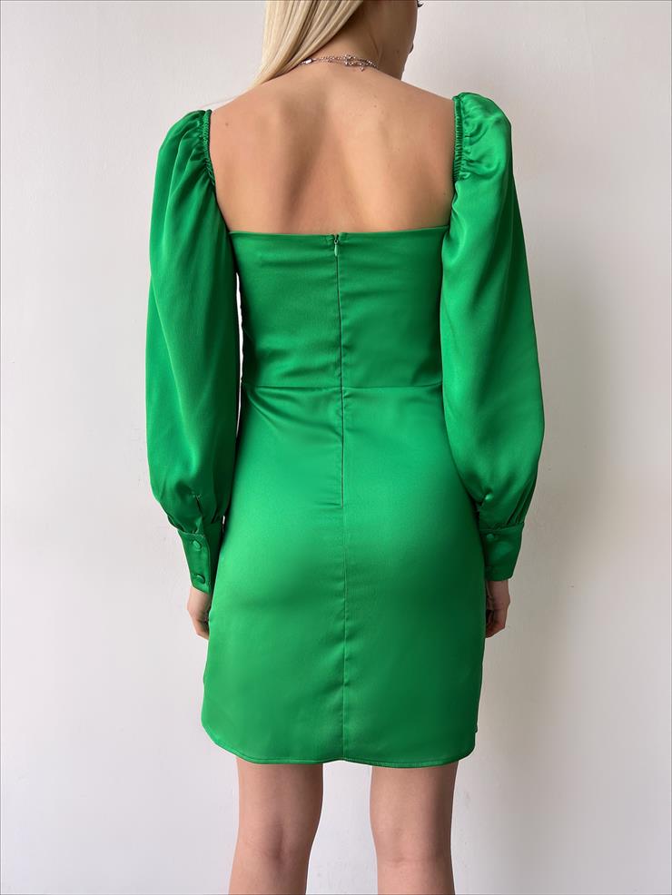 Göğüsü Büzgülü Düğme Detay Balon Kol Drape Aidenn Kadın Yeşil Elbise 22Y000011