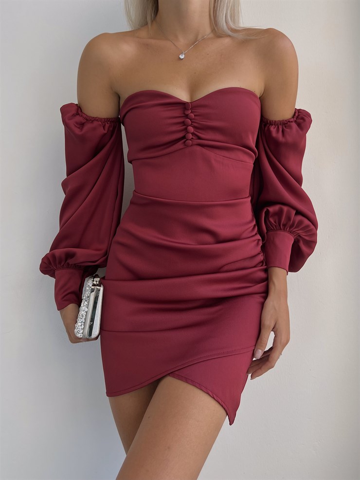 Göğüsü Büzgülü Düğme Detay Balon Kol Drape Aidenn Kadın Bordo Elbise 22Y000011