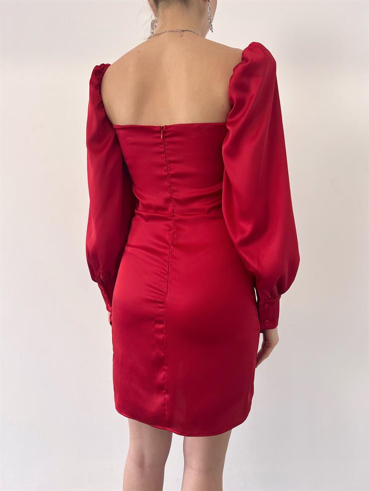 Göğüsü Büzgülü Düğme Detay Balon Kol Drape Aidenn Kadın Kırmızı Elbise 22Y000011