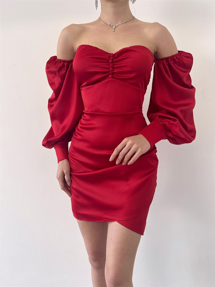 Göğüsü Büzgülü Düğme Detay Balon Kol Drape Aidenn Kadın Kırmızı Elbise 22Y000011