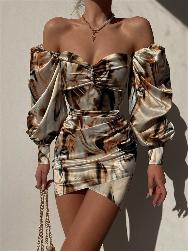 Göğüsü Büzgülü Düğme Detay Balon Kol Drape Aidenn Kadın Renkli Elbise 22Y000011