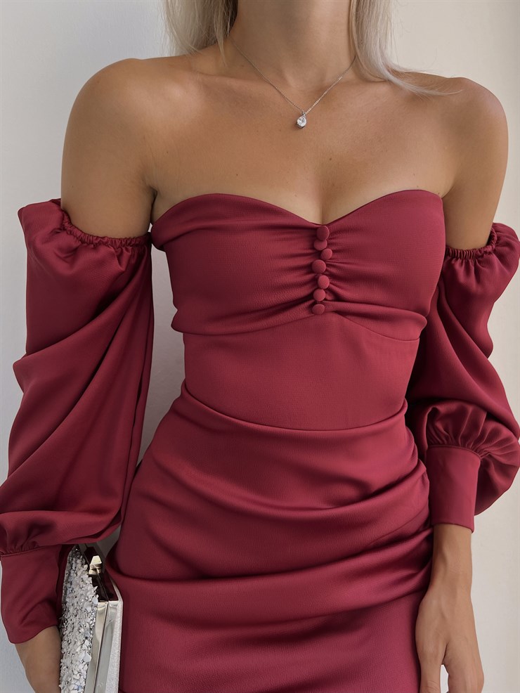 Göğüsü Büzgülü Düğme Detay Balon Kol Drape Aidenn Kadın Bordo Elbise 22Y000011