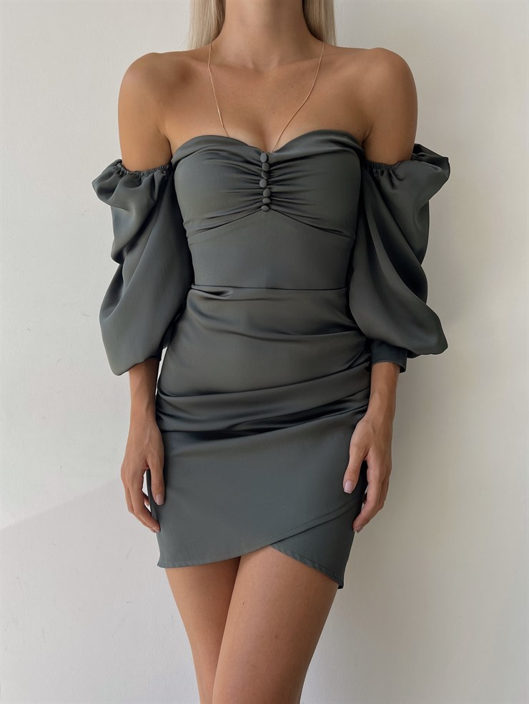 Göğüsü Büzgülü Düğme Detay Balon Kol Drape Aidenn Kadın Haki Elbise 22Y000011