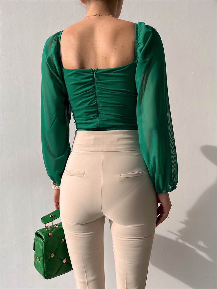 Göğüsü Kuplu Balon Tül Kol Büzgülü Brandy Kadın Yeşil Bodysuit 22Y000021