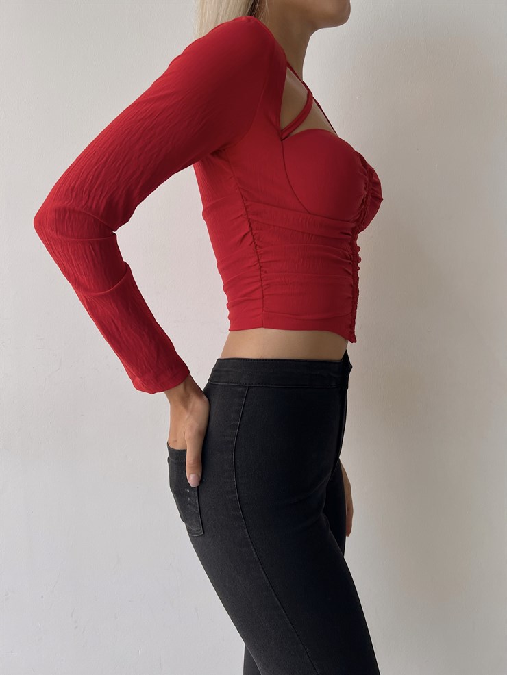 Göğüsü Kuplu Önden Agraflı Drapeli Carissa Kadın Kırmızı Bluz 22K000616