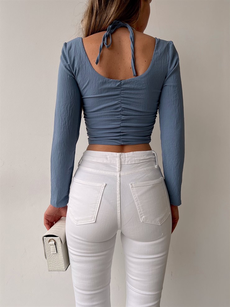 Göğüsü Kuplu Önden Agraflı Drapeli Carissa Kadın İndigo Bluz 22K000616