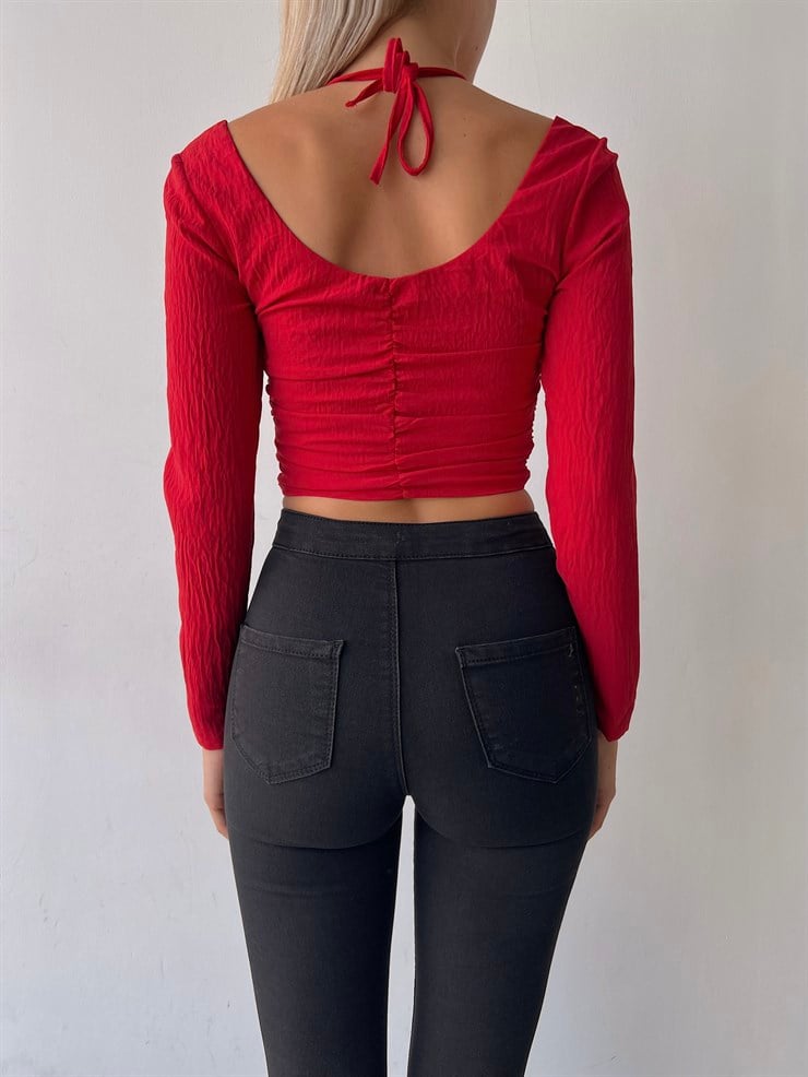 Göğüsü Kuplu Önden Agraflı Drapeli Carissa Kadın Kırmızı Bluz 22K000616