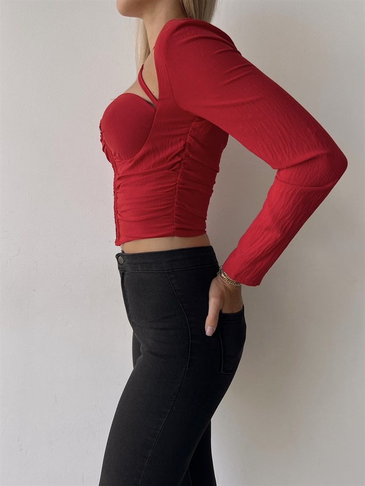 Göğüsü Kuplu Önden Agraflı Drapeli Carissa Kadın Kırmızı Bluz 22K000616