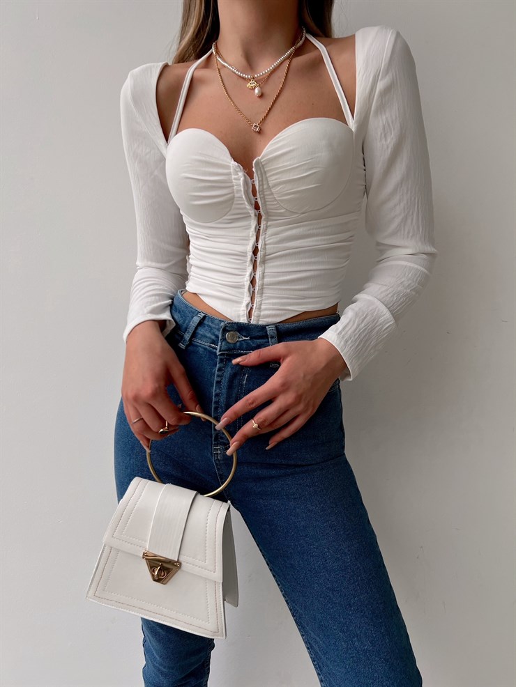 Göğüsü Kuplu Önden Agraflı Drapeli Carissa Kadın Beyaz Bluz 22K000616