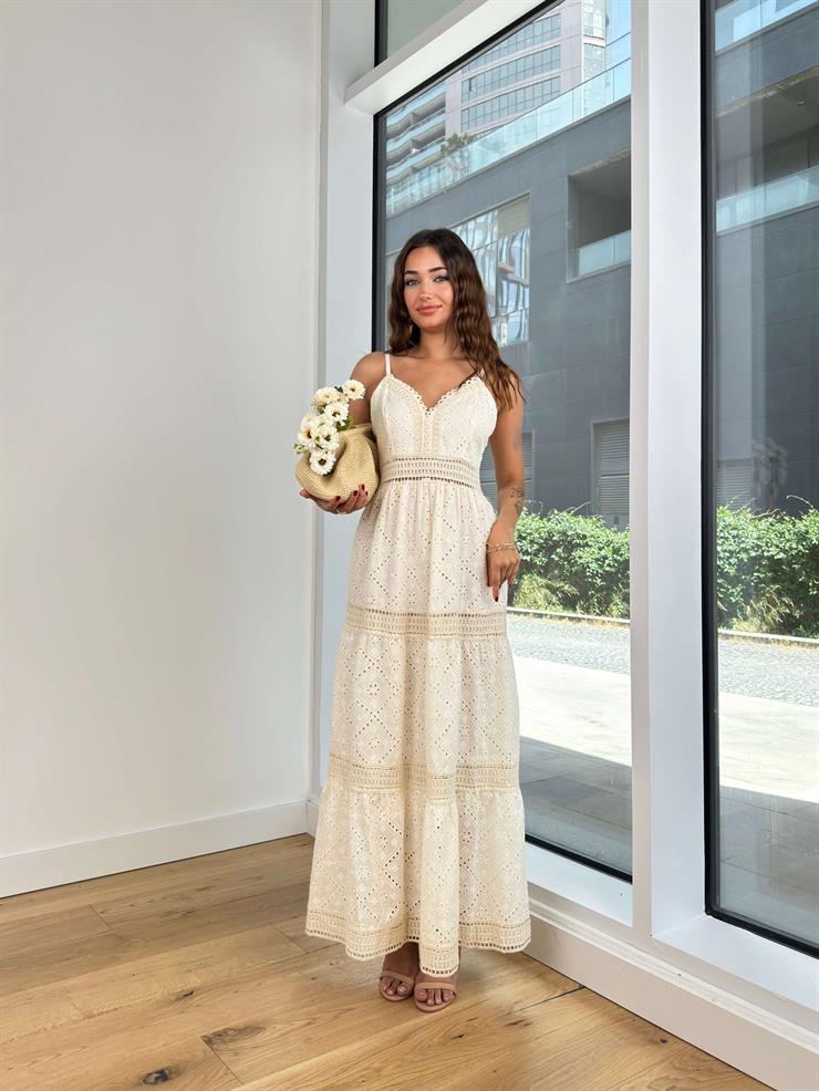 Askılı V Yaka Güpürlü Gomes Kadın Taş Uzun Elbise 24Y773