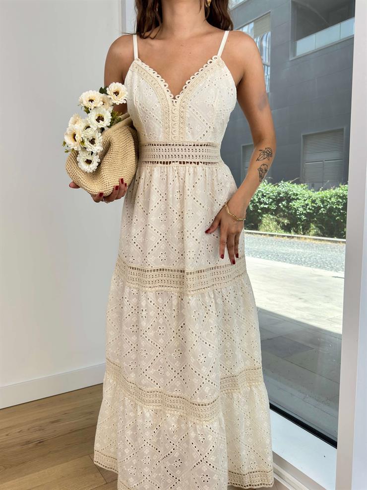 Askılı V Yaka Güpürlü Gomes Kadın Taş Uzun Elbise 24Y773