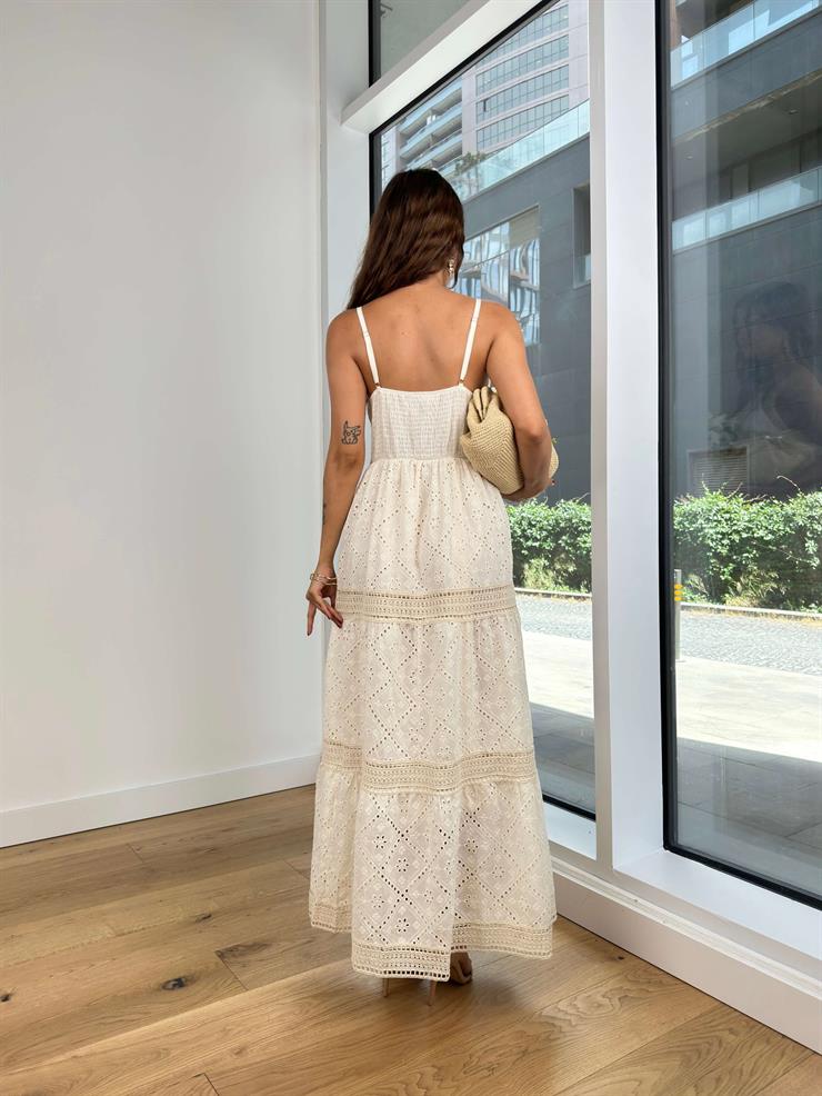 Askılı V Yaka Güpürlü Gomes Kadın Taş Uzun Elbise 24Y773