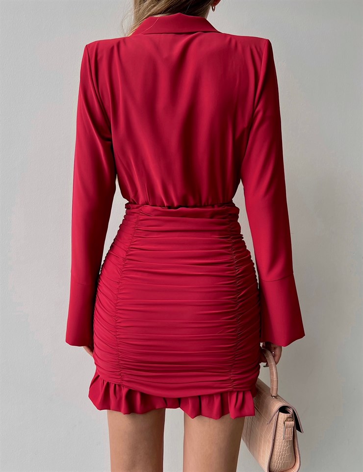 Gömlek Yaka Eteği Fırfırlı Drapeli Hazel Kadın Bordo Mini Elbise 22Y000065