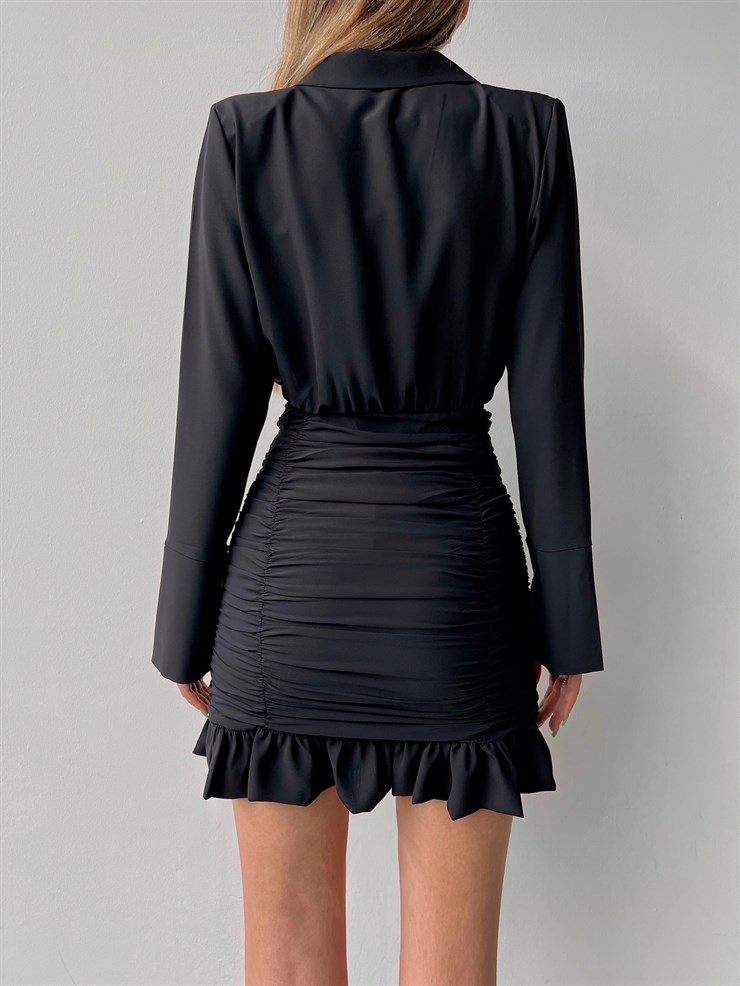 Gömlek Yaka Eteği Fırfırlı Drapeli Hazel Kadın Siyah Mini Elbise 22Y000065