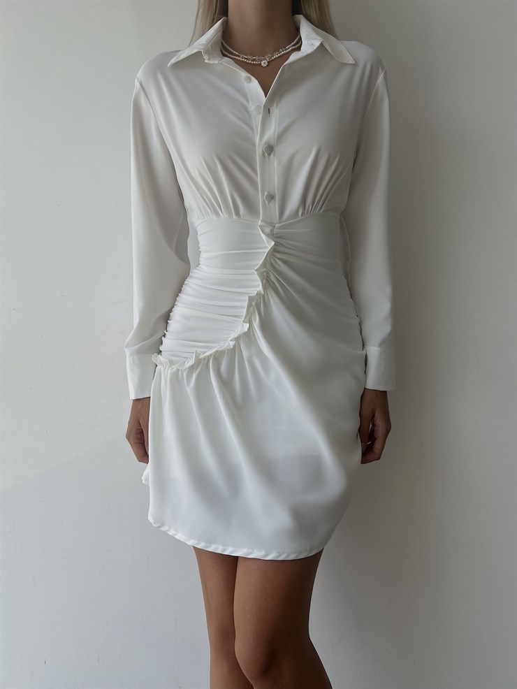 Gömlek Yaka Eteği Fırfırlı Jully Kadın Beyaz Mini Elbise 22K000001