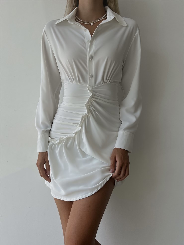 Gömlek Yaka Eteği Fırfırlı Jully Kadın Beyaz Mini Elbise 22K000001