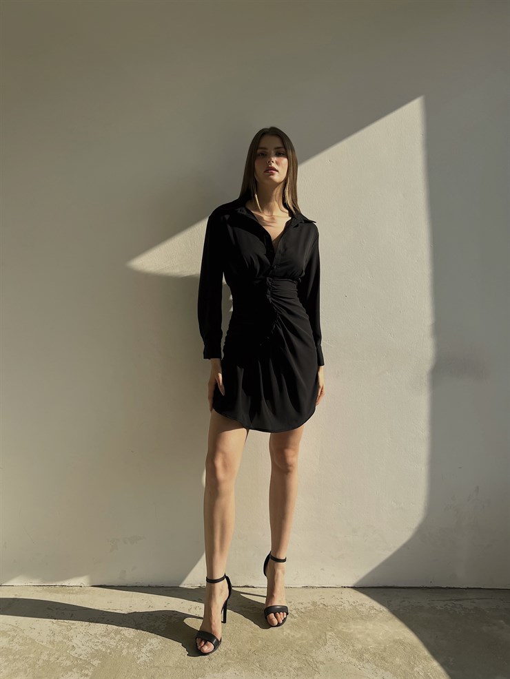 Gömlek Yaka Eteği Fırfırlı Jully Kadın Siyah Mini Elbise 22K000001