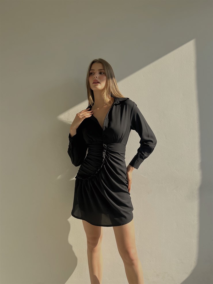 Gömlek Yaka Eteği Fırfırlı Jully Kadın Siyah Mini Elbise 22K000001