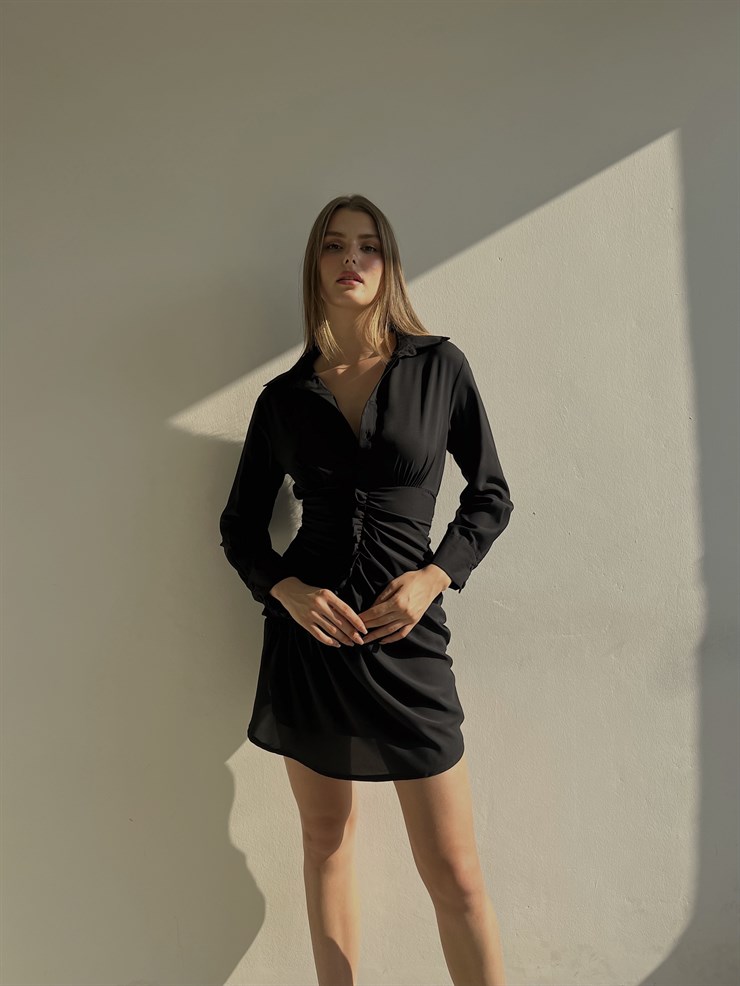 Gömlek Yaka Eteği Fırfırlı Jully Kadın Siyah Mini Elbise 22K000001