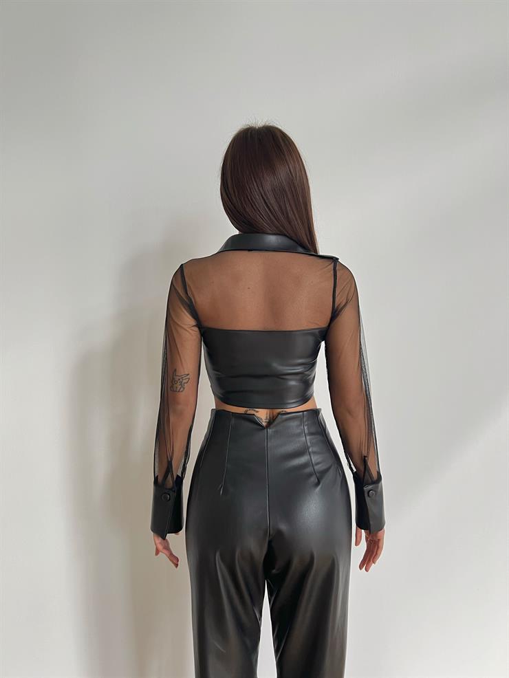 Gömlek Yaka Fermuar Kapamalı Jhonatan Kadın Siyah Deri Bluz 24k000095