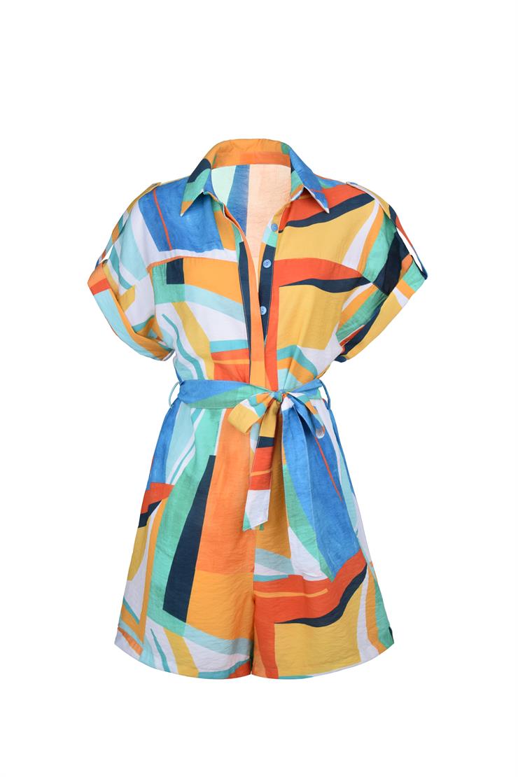 Gömlek Yaka Önü Düğme Kapamalı Beli Kuşaklı Esteri Kadın Renkli Desenli Şort Tulum 23Y000574