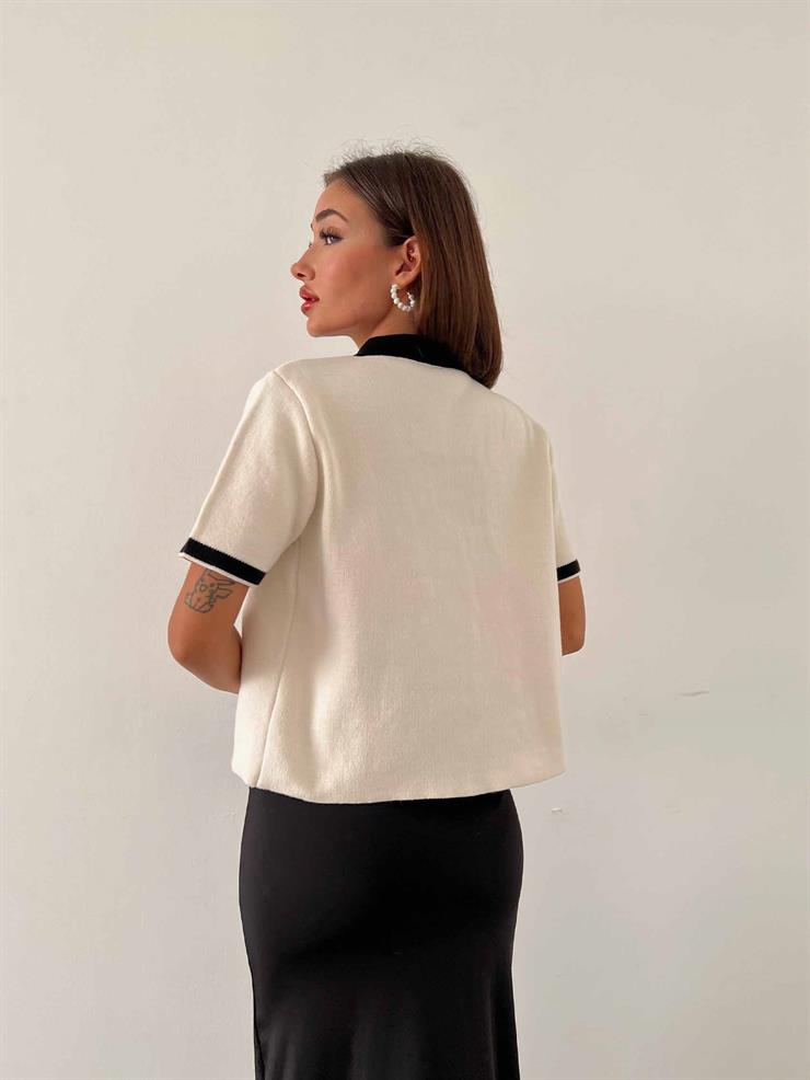 Gömlek Yaka Önü Düğme Kapamalı Yakim Kadın Ekru Kısa Kol Kazak 24k000010