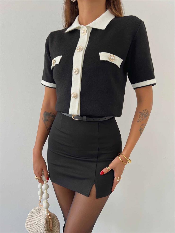 Gömlek Yaka Önü Düğme Kapamalı Yakim Kadın Siyah Kısa Kol Kazak 24k000010