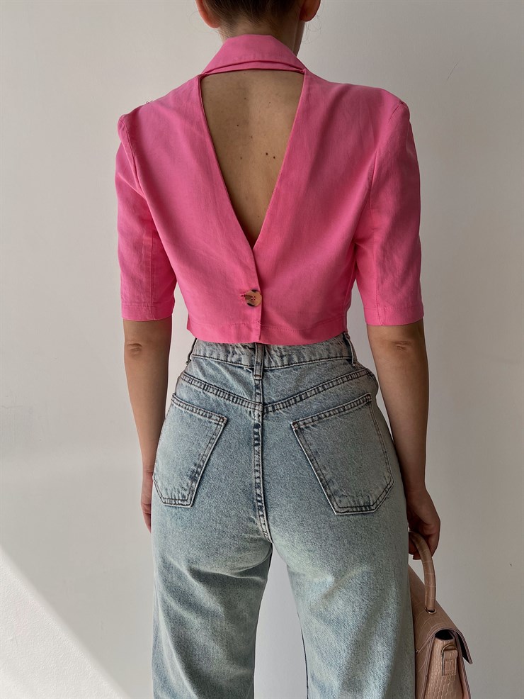 Gömlek Yaka Sırtı V Kesim Dekolteli Düğmeli Kadın Pudra Crop Bluz 22Y000212