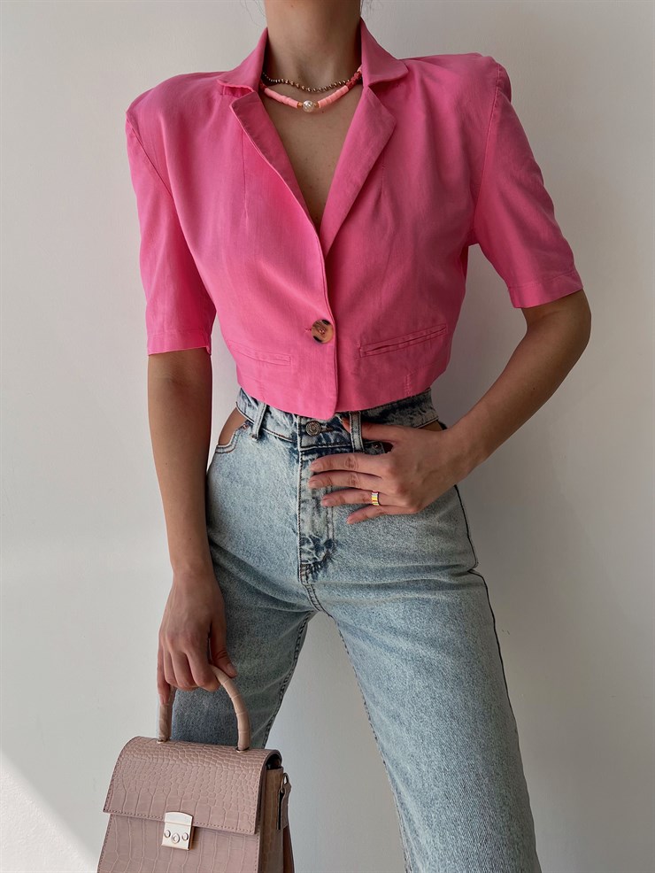 Gömlek Yaka Sırtı V Kesim Dekolteli Düğmeli Kadın Pudra Crop Bluz 22Y000212