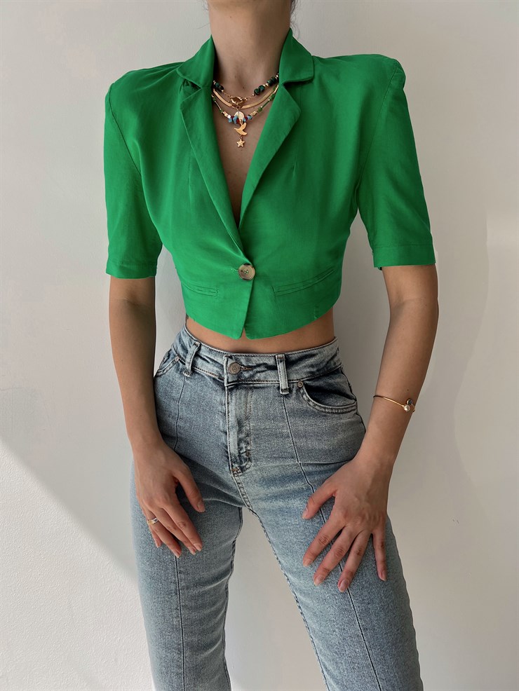 Gömlek Yaka Sırtı V Kesim Dekolteli Düğmeli Kadın Yeşil Crop Bluz 22Y000212