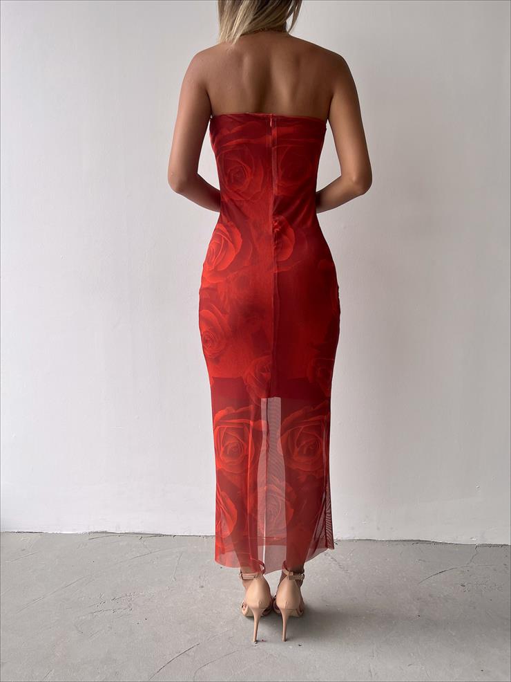 Straplez Gül Desenli Gordıon Kadın Tarçın Tül Elbise 23Y000339