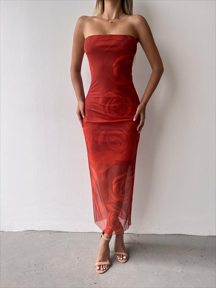 Straplez Gül Desenli Gordıon Kadın Tarçın Tül Elbise 23Y000339