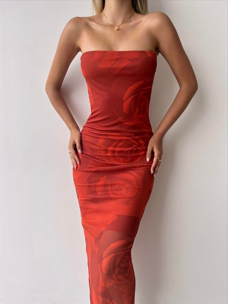 Straplez Gül Desenli Gordıon Kadın Tarçın Tül Elbise 23Y000339