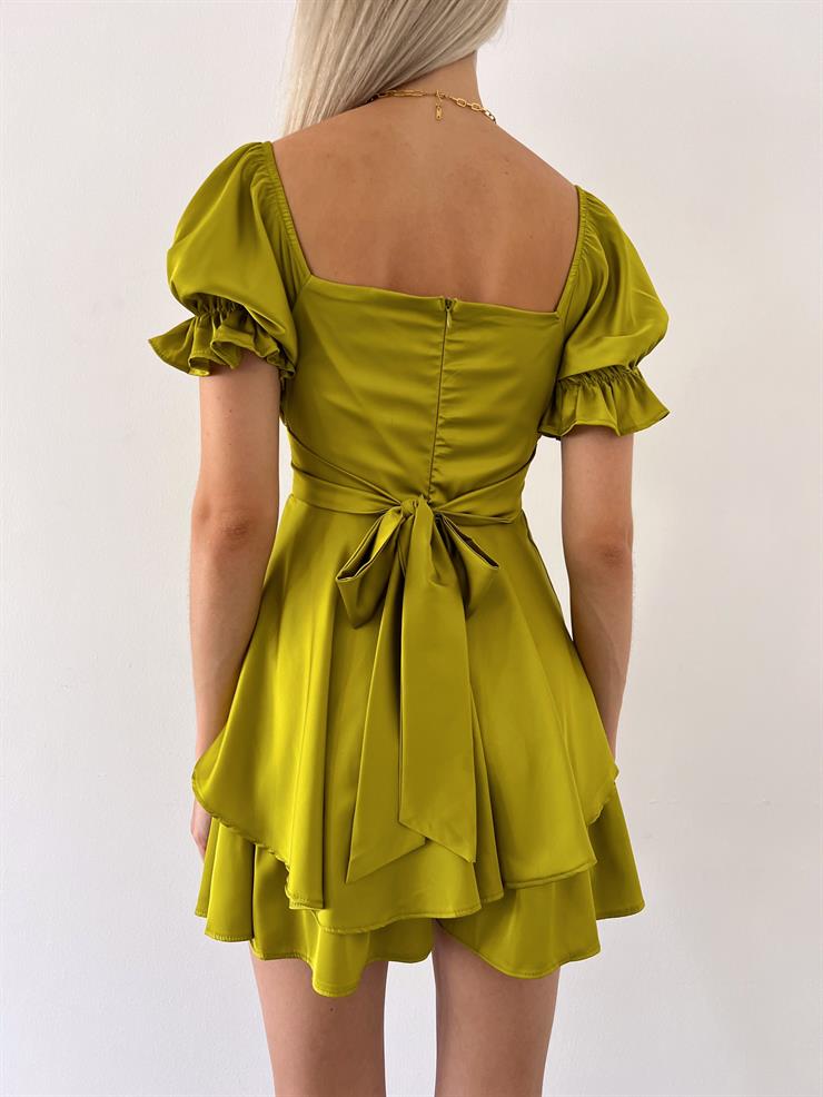 Önü Büzgü Detaylı Belden Oturtmalı Ve Kuşaklı Gowu Kadın Zeytin Yeşili Şort Tulum 23Y000558