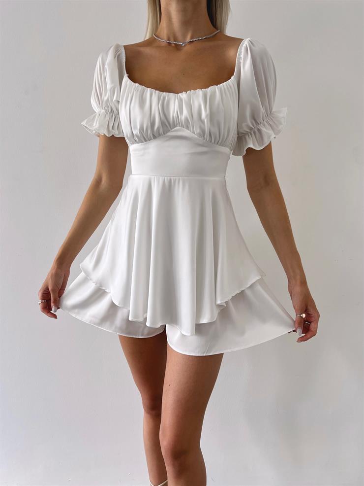 Önü Büzgü Detaylı Belden Oturtmalı Ve Kuşaklı Gowu Kadın Ekru Şort Tulum 23Y000558