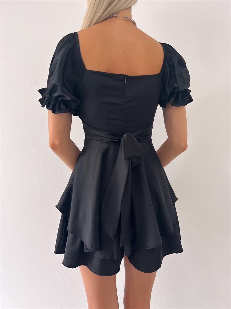 Önü Büzgü Detaylı Belden Oturtmalı Ve Kuşaklı Gowu Kadın Siyah Şort Tulum 23Y000558