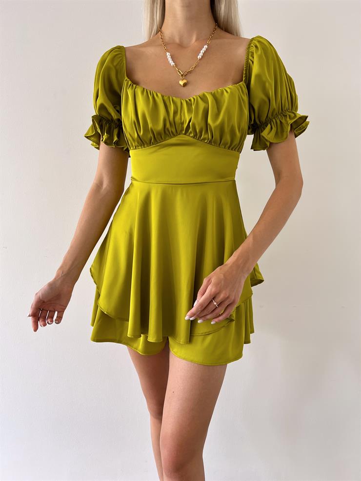 Önü Büzgü Detaylı Belden Oturtmalı Ve Kuşaklı Gowu Kadın Zeytin Yeşili Şort Tulum 23Y000558