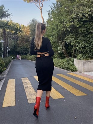 Kalem Sırt Dekolte Bağlamalı  Grace Kadın Siyah Triko Elbise 22K000002