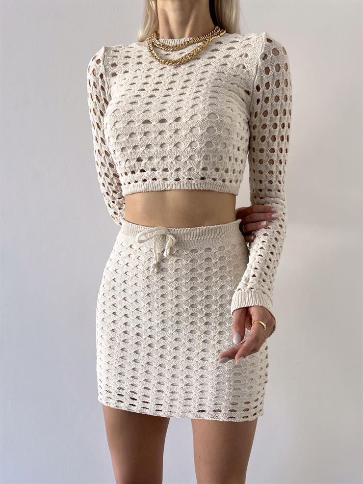 Uzun Kollu Crop Yüksek Bel Mini Etek Grape Kadın Taş Takım 23Y000492