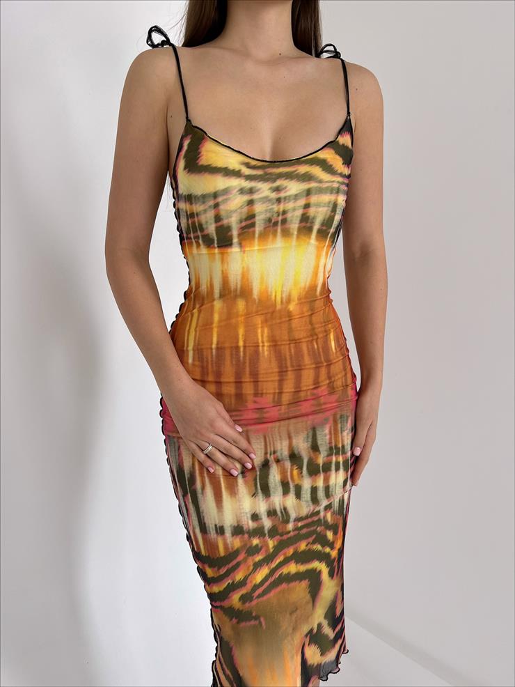 Tül Askısı Bağlamalı Grealish Kadın Renkli Desenli Midi Elbise 23Y000008