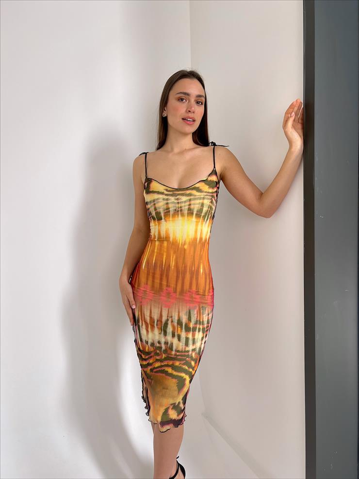 Tül Askısı Bağlamalı Grealish Kadın Renkli Desenli Midi Elbise 23Y000008