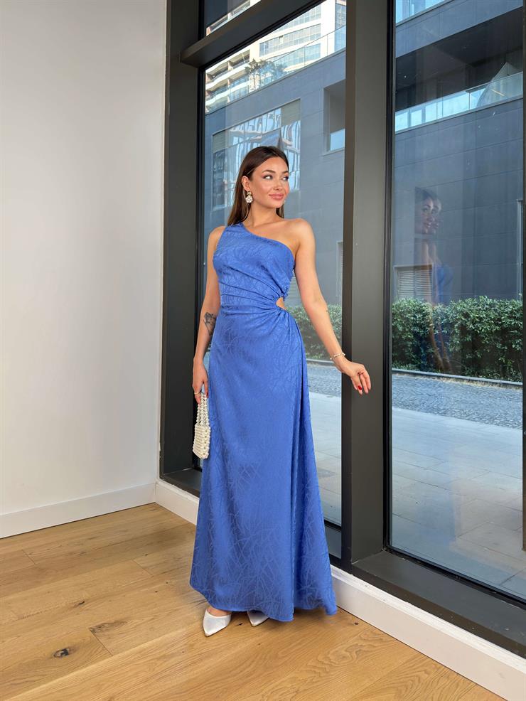 Tek Omuz Askılı Drapeli Beli Pencere Detaylı Gretel Mavi Kadın Elbise 25Y459